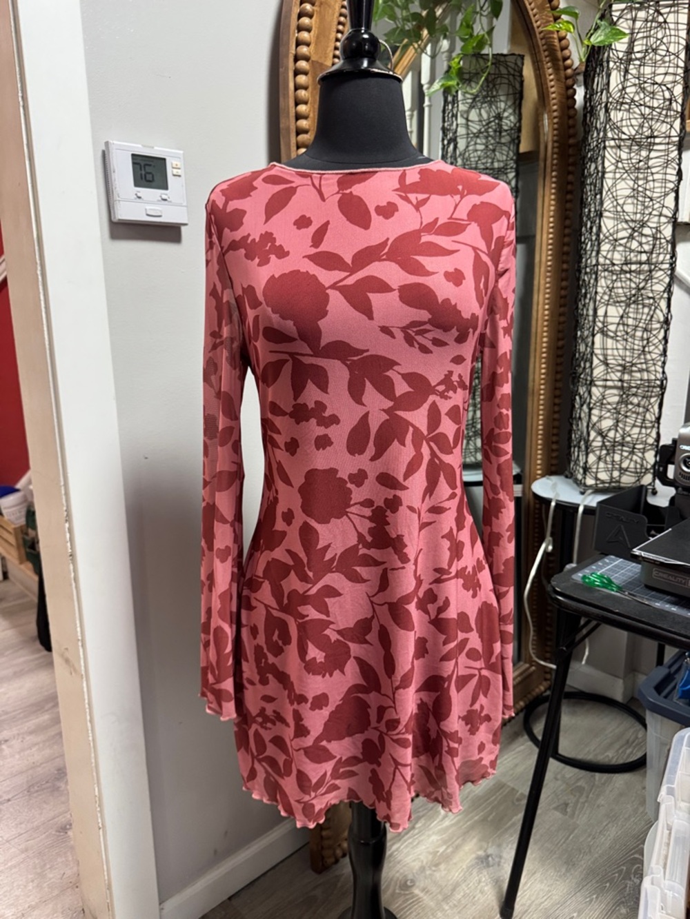 Long Sleeve Floral A-Line Dress in Rose